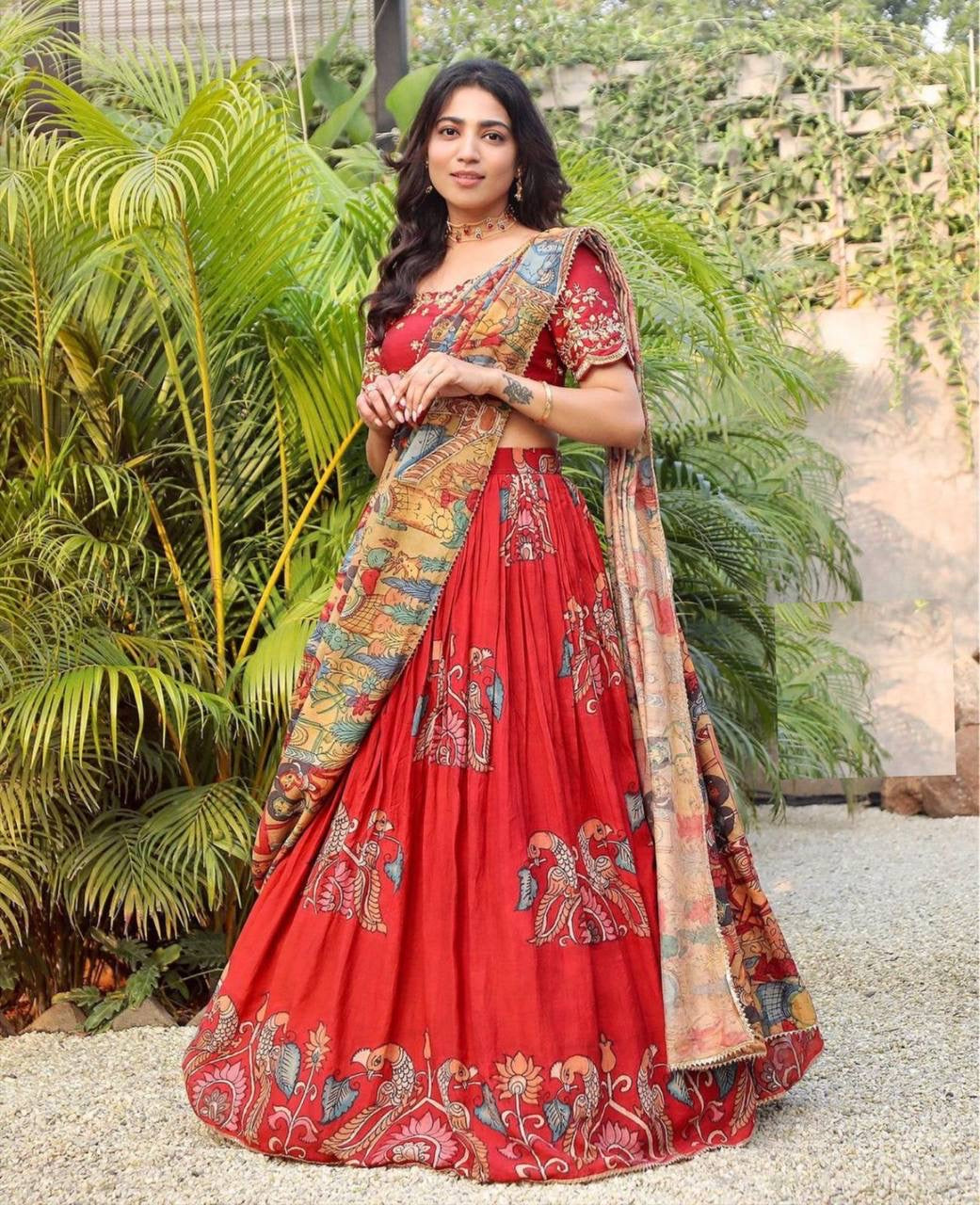 Tendi Red Wid Multi Kalamkari Print Lehenga Choli