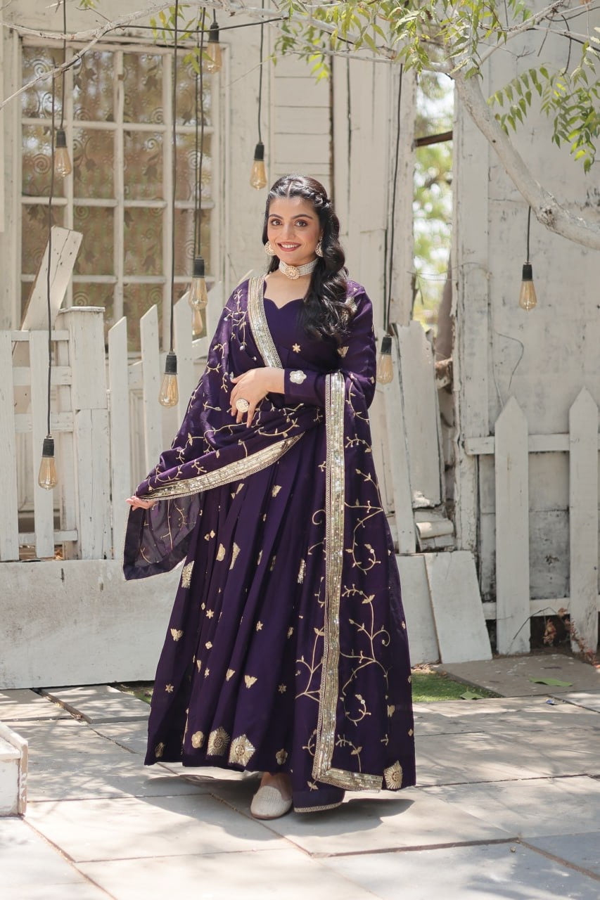 Modern Stylish Designer Worked Beige or Purple Two Gown with Rich Dupatta