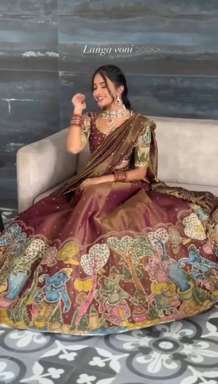 Brown Kalamkari Printed Worked Designer Premium Lehenga Choli Set