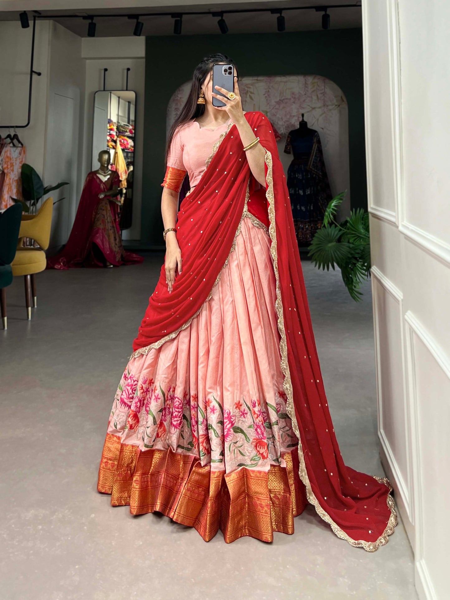 Attention Stunning Cotton Silk Thread Embroidery Lehenga Choli Wid Drape Georgette Dupatta