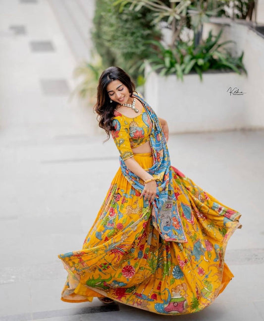 Musterd Wid Multi Kalamkari Print Lehenga Choli