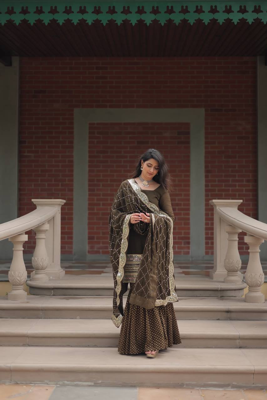 Introducing the SHIVTRAA LUX PREMIUM DESIGNER READYMADE TOP-SHARARA-DUPATTA COLLECTION!