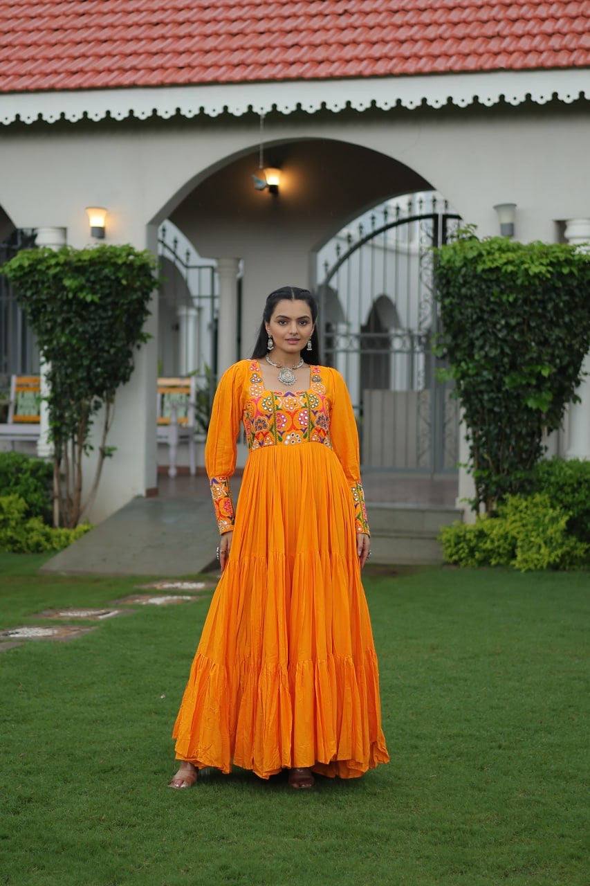 NAVRATRI DESIGNER MUSTERD GOWN COLLECTIONS FOR 2025 CELEBRATING GUJJUS GARBA