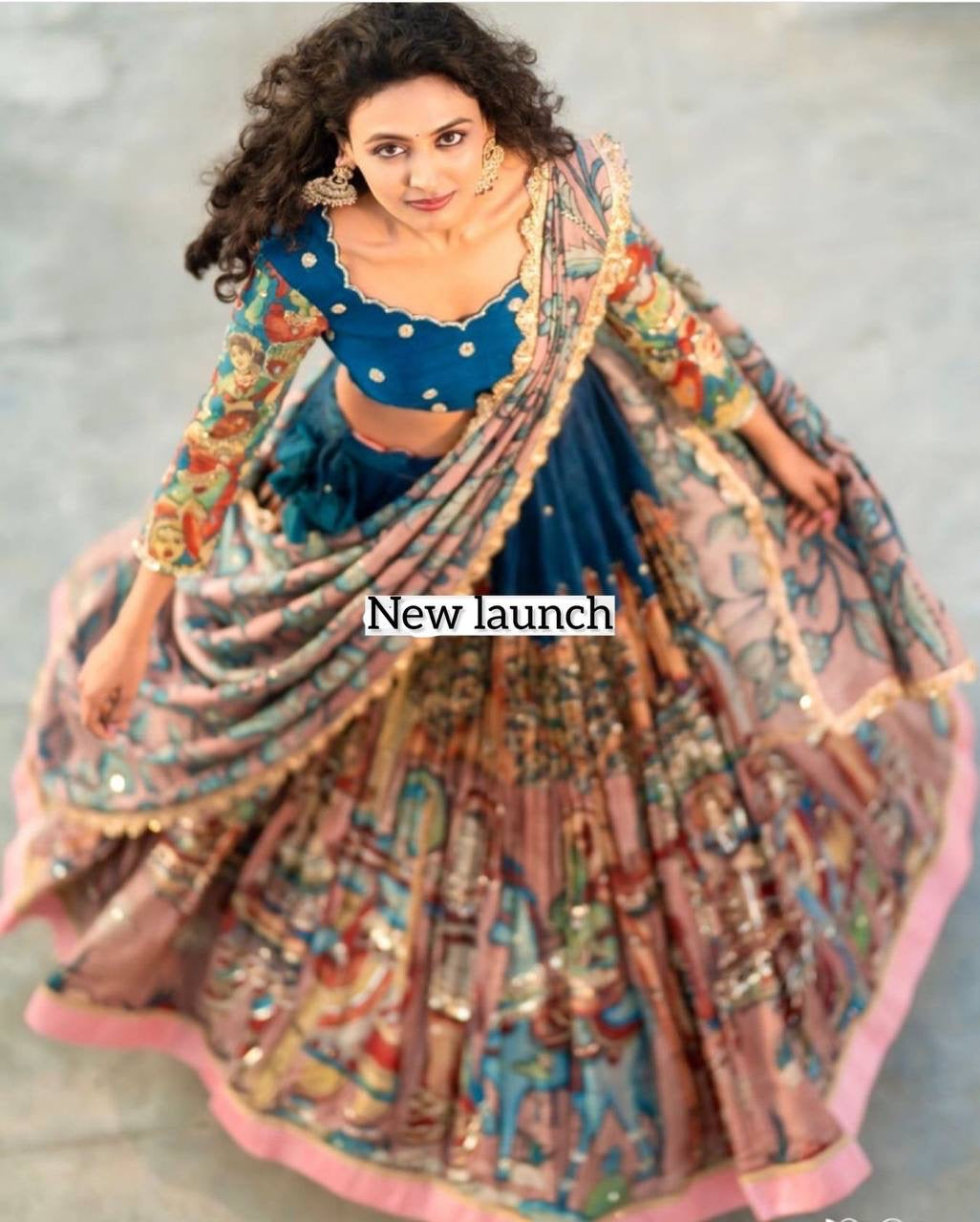 Nebula Blue Wid Multi Kalamkari Print Lehenga Choli