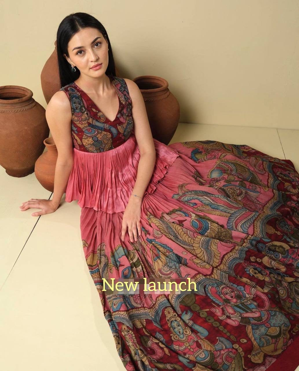 Truffle Peach Pink Multi Kalamkari Print Festival Stunning Crop Top